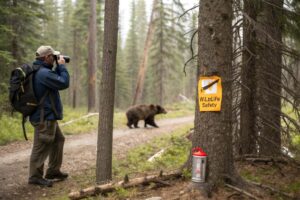 a hiker in a dense forest watching a bear off grid camping outdoor adventure