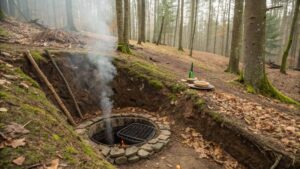 building improvised smoking racks from natural materials, pit smoker in wild game preparation in off grid camping