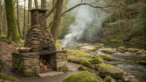 building improvised smoking racks from natural material , streamside rock smoker in wild game preparation off grid camping