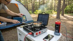 technology and modern camp kitchen scene off grid