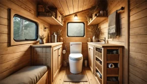 Composting toilet installed in an off-grid van life or cabin bathroom setup