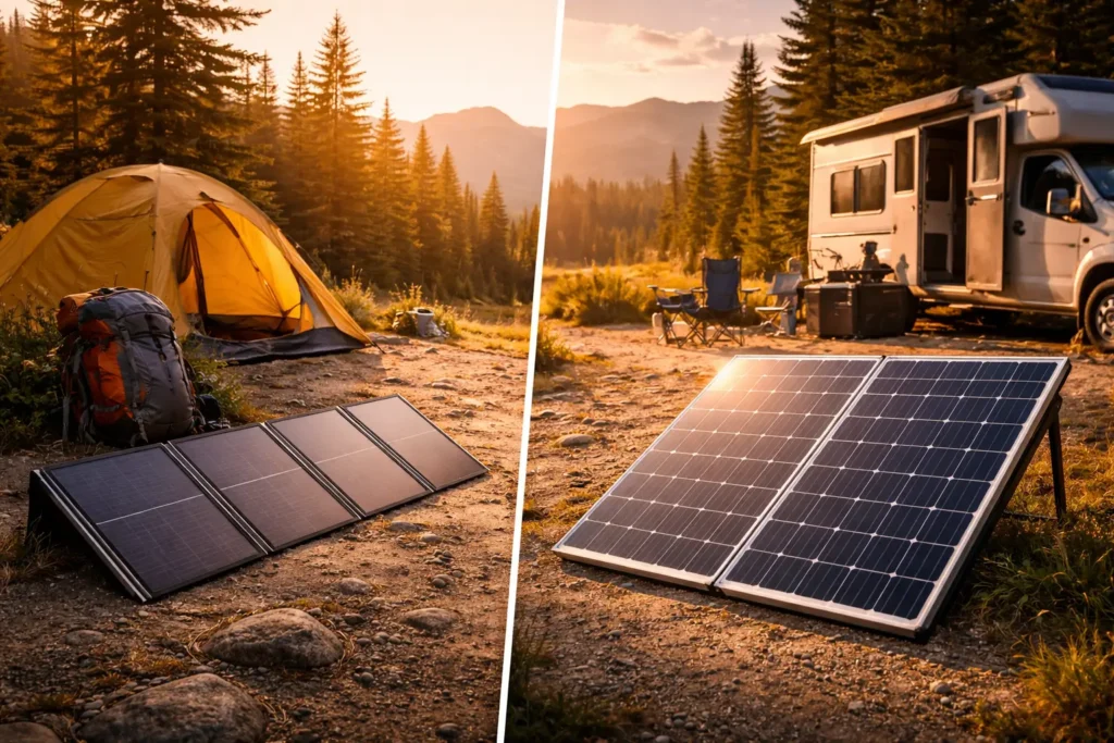 Foldable vs rigid solar panels for camping setup in an off-grid outdoor environment
