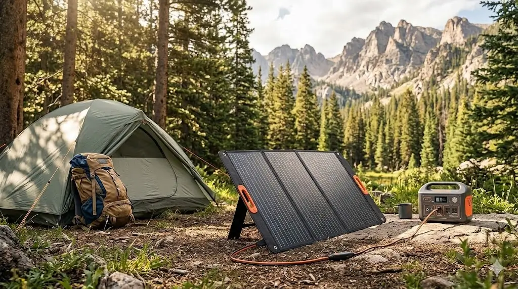 Foldable solar panel for off-grid camping setup connected to a portable power station at a campsite
