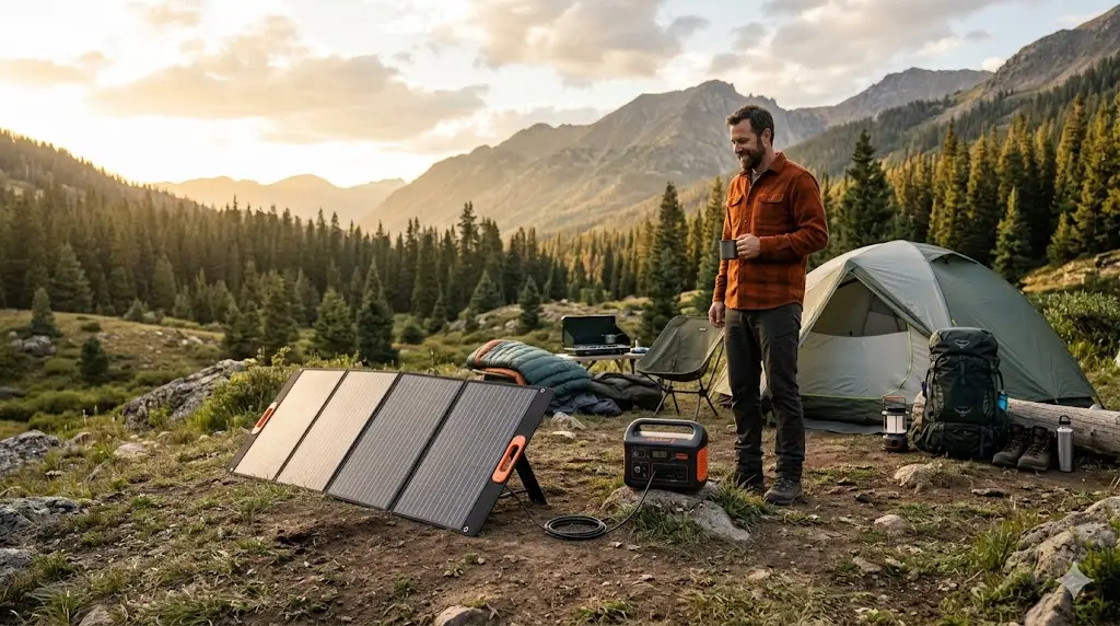 Foldable solar panel properly set up at an off-grid campsite providing reliable solar power for camping